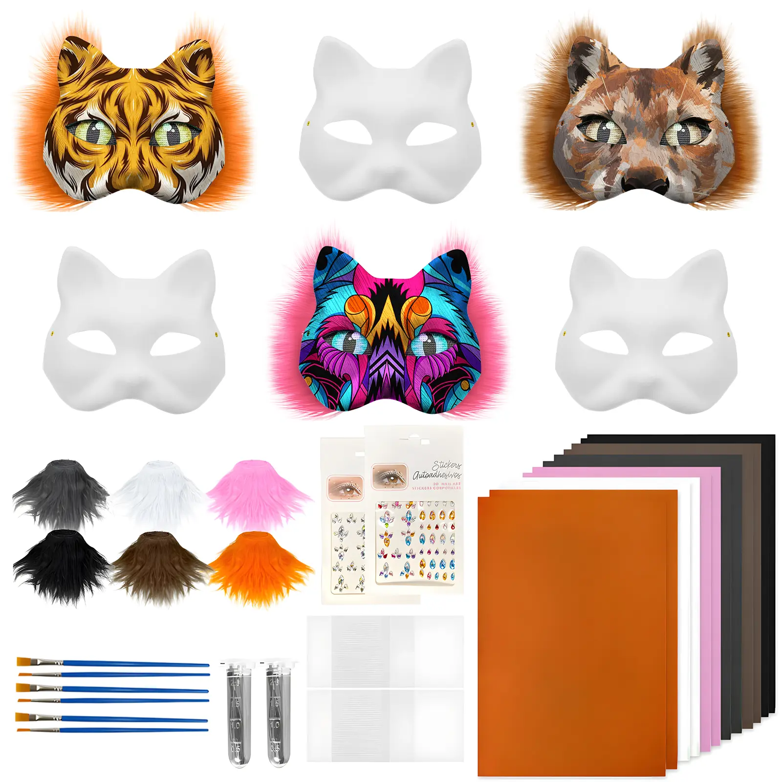 6PCS White Cat Therian DIY Mask Kit - 35-Piece Set with Furs, Eye Mesh, 12-Color Paints, Whiskers, Brushes for Cosplay, Halloween Masquerade Party Festive Accessories, Therian Mask