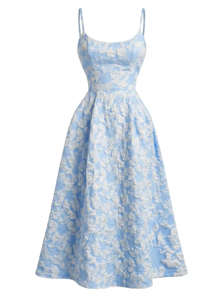 Blue 1950s Floral Jacquard Textured Spaghetti Strap Midi Dress Party Formal womensummer dresses vacation outfits tiktokshopbacktoschool Wedding Guest Dress Fall Wedding Guest Outfit BackToSchool Sohochic Fall Dresses Fall outfits Fall fashion