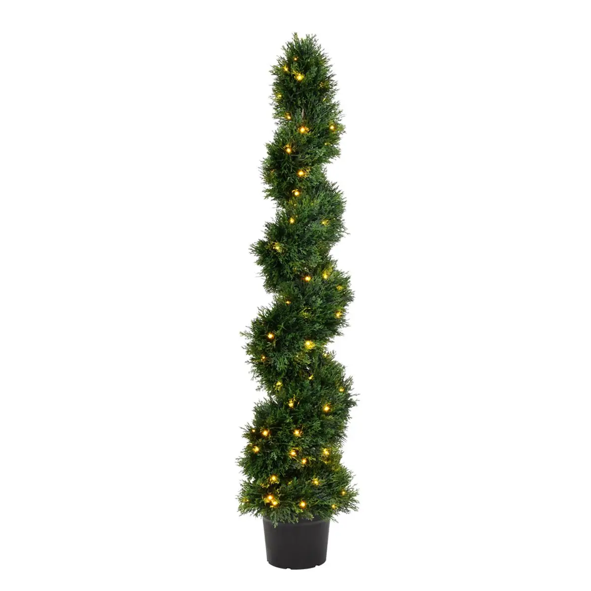 Vickerman 5 ft. Artificial Potted Green Cedar Spiral Tree with 130 UV-Resistant Warm White LED Decorative Lights, Classic Christmas Decor, Indoor Holiday Decorating Home Festive Supply, Synthetic
