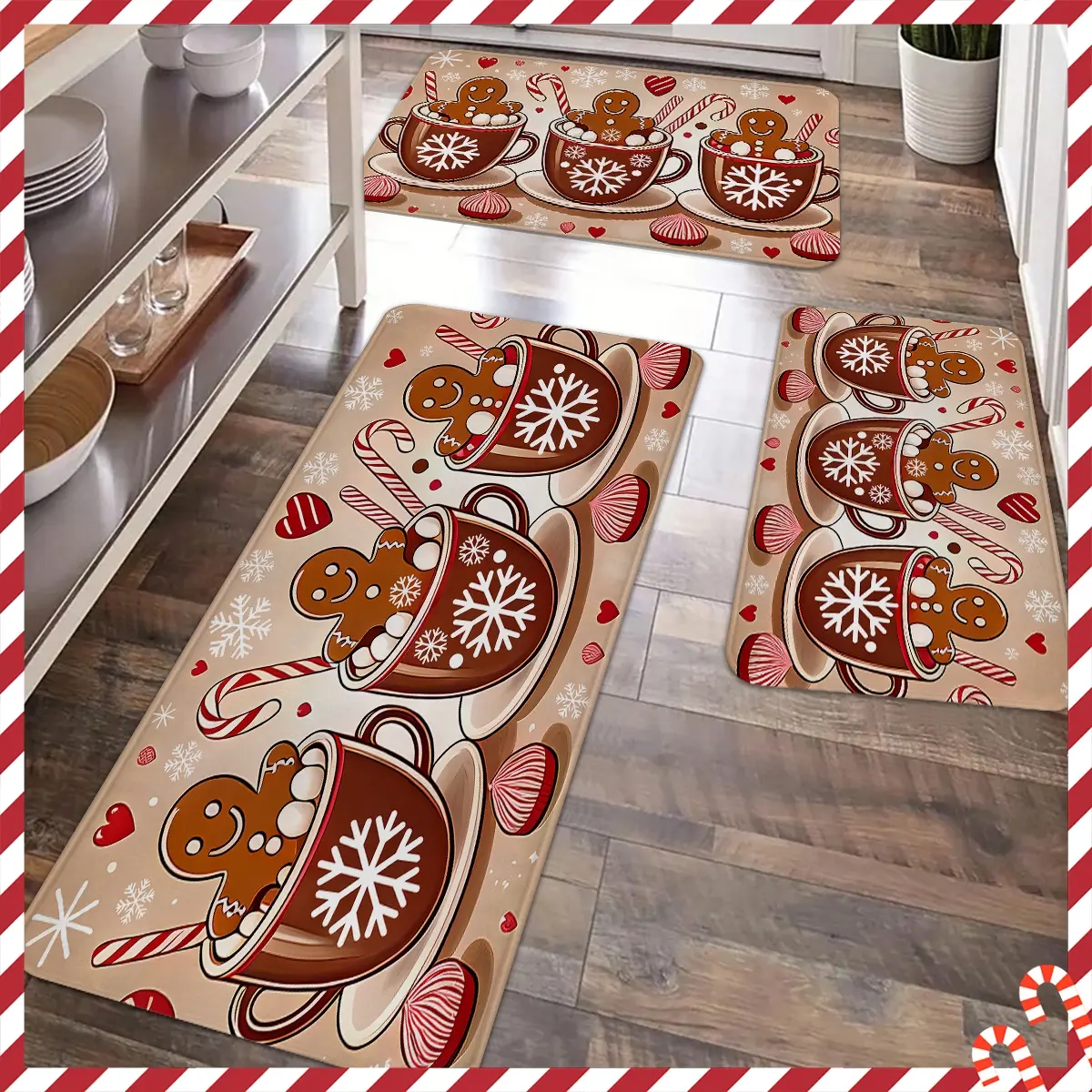 2/3pcs Christmas kitchen anti slip carpet floor mat, candy cane, gingerbread man anti slip floor mat, comfortable soft flannel anti slip floor mat, suitable for kitchen, entrance door, laundry room, living room, room Christmas decoration floor mat