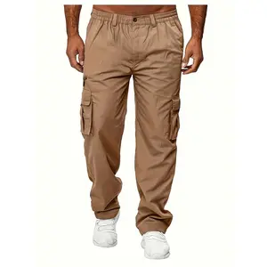 [Casual Khaki Cargo Pants] Durable Polyester Plus Size Men's Casual Khaki Cargo Pants - Multiple Pockets, Elastic Waistband, Ideal for Everyday and Outdoor Wear