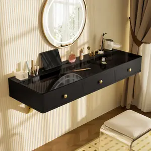 ARCH GO 47" Floating Shelf with Drawer, Multi-Purpose Wall-Mounted Vanity Table, Mounted Desk, Floating Table for Bedroom, Bathroom, Hairdressers, Black and Golden