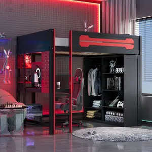 Red Full-Size Metal Loft Bed with Gaming Desk, Storage Drawers, Hutch, Shelving, Expanded Safety Power Outlet with USB Ports, RGB Lights, 212 lbs Capacity, Glam Space-Saving Bed Frame for Teens