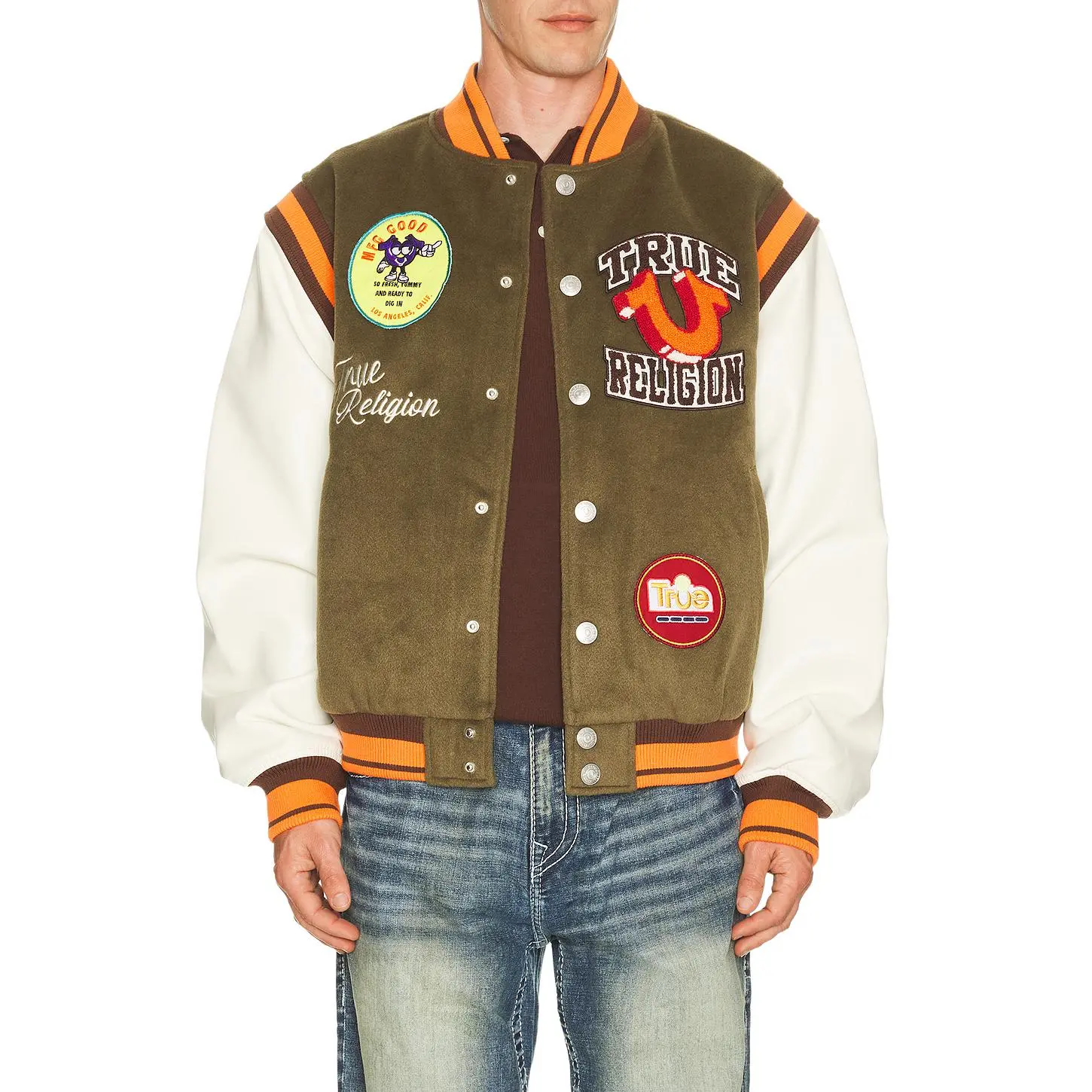 True Religion Garden Logo Retro Varsity Jacket in Capers Green & Winter White