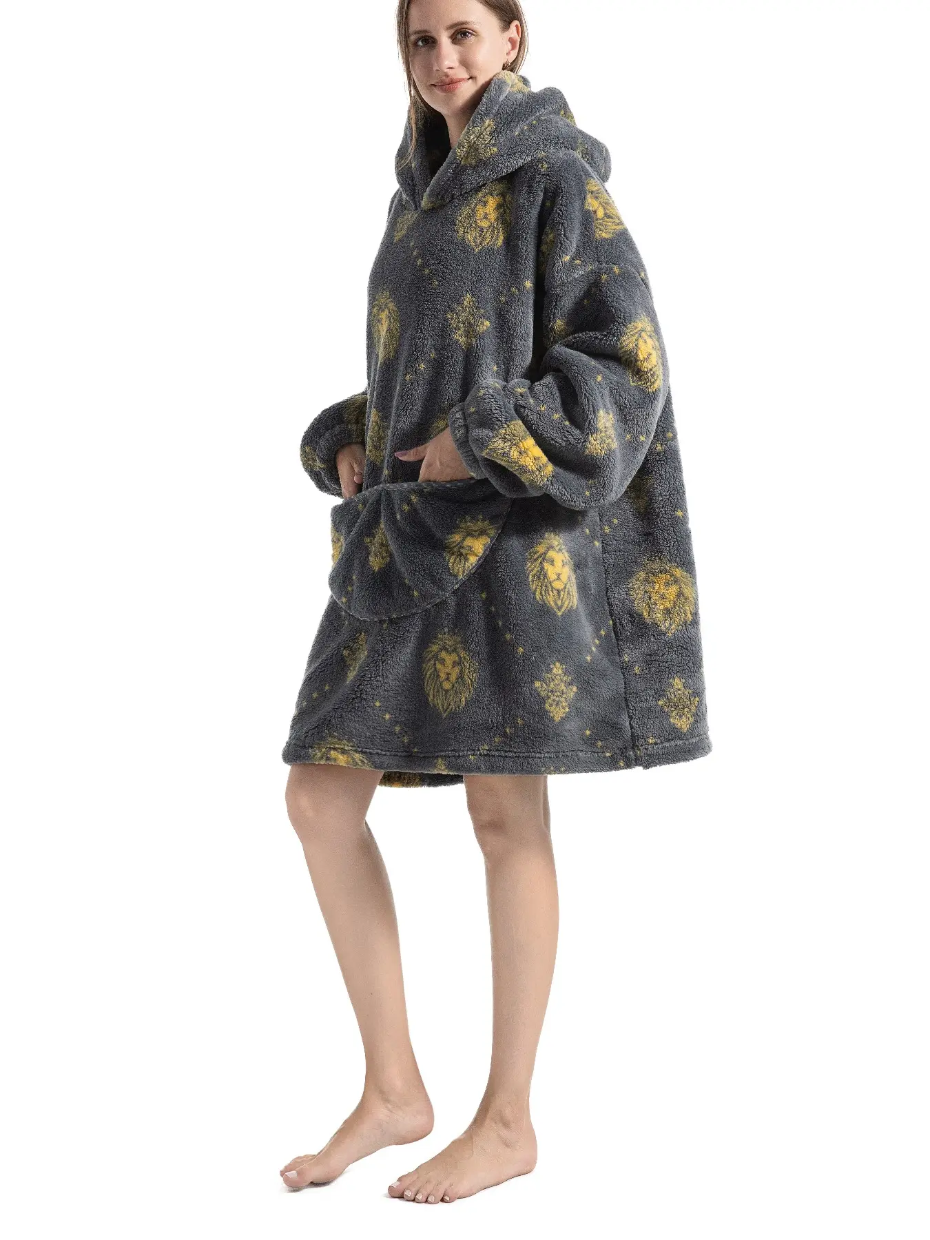 Cute Elegant Panda Print Pajamas for Adults, Long Sleeve Loose-Fitting Sleepwear, with Large Pocket, Fall & Winter Loungewear