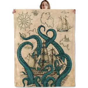 Kraken Ship Blanket, Soft Cozy Lightweight Vintage Nautical Octopus Art Throw Blanket for Women Men Teens Kids, Sofa Couch Bed Flannel Blankets for Travel Ocean Decor Gifts