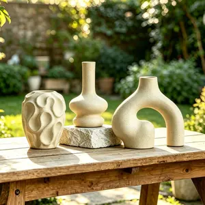 Three-piece High-end White Ceramic Vase Set Geometric Design Unglazed Finish Living Room Dried Flower Arrangement Suitable for Garden Decoration