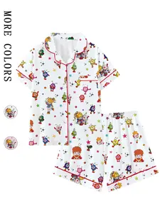 Rainbow Girl Cartoon Retro Cute Collared Short Sleeve Pajama Set, Comfortable Cartoon Print Sleepwear for Home and Outdoors, Perfect Gift, Summer Sleepwear Set