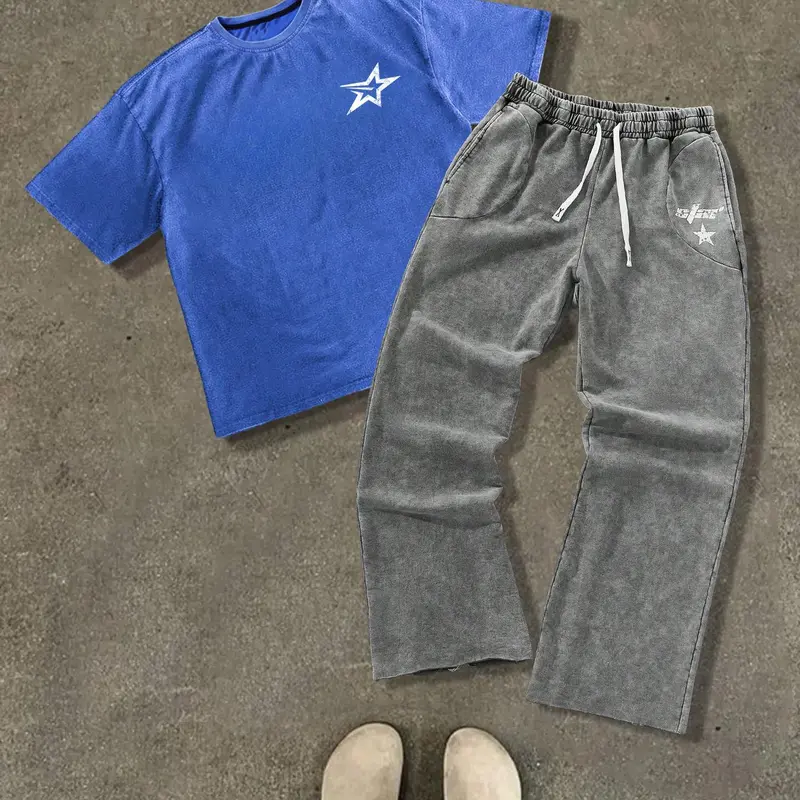 Two-Piece Set Men's Star Print Tee & Drawstring Waist Sweatpants, Loose Casual Streetwear Set Fashion Cozy Breathable for Daily Outdoor Wear, Men Clothes for Summer Track Pants Set