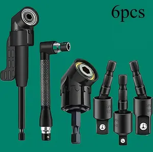 Right-Angle Drill Bit Accessory Set(6pcs), Including 3x 360° Rotatable 1/4", 3/8" & 1/2" Impact-Grade Socket Adapters, 2x 105° Hex Shank Angle Adapters & 90° Right-Angle Drill Bit, Heavy-Duty Tool Kit