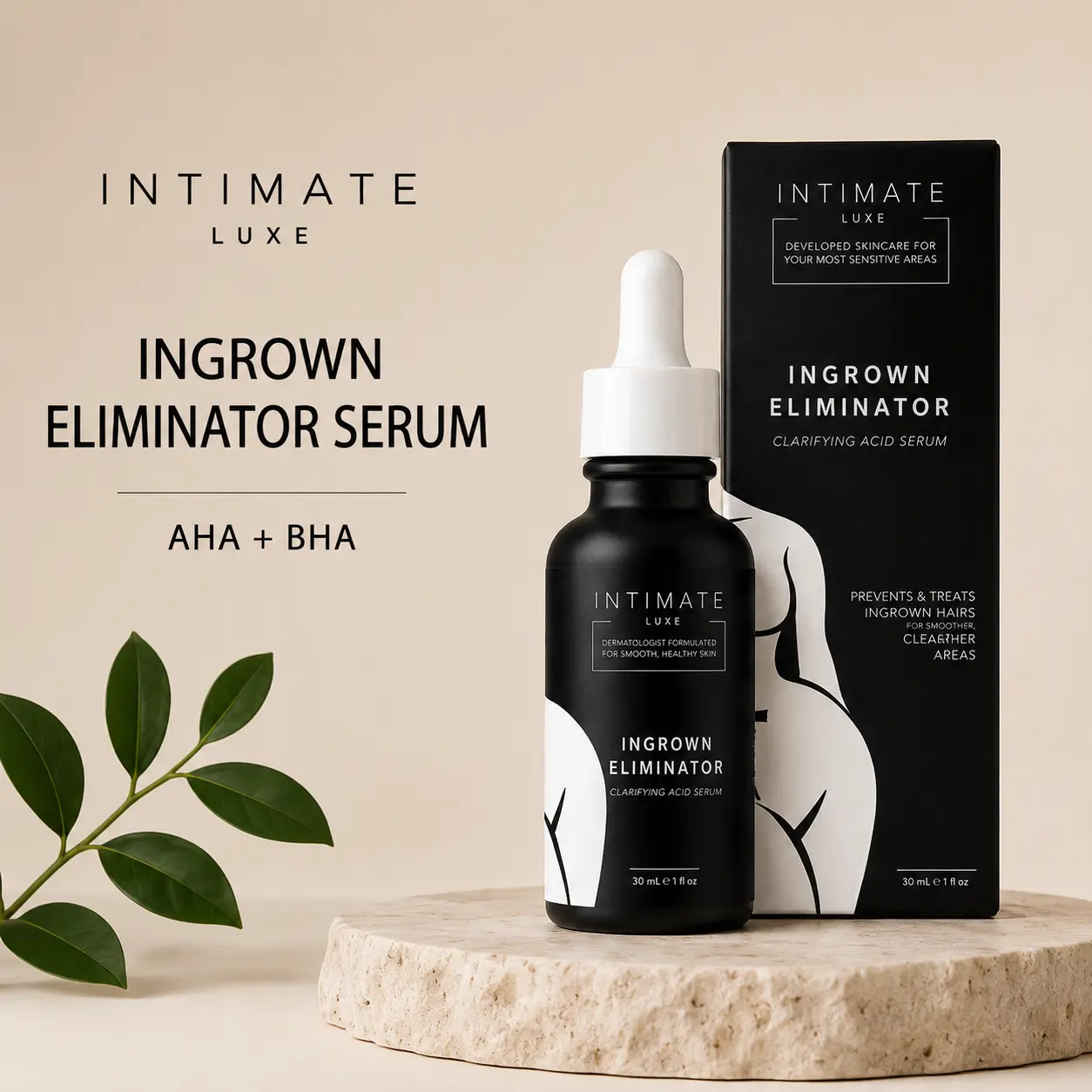 Intimate Luxe Ingrown Eliminator Serum | AHA + BHA Exfoliating Serum for Ingrown Hairs, Razor Bumps & Post-Shave Care | Fragrance-Free Serum for Bikini Line, Underarms, Legs & Sensitive Skin | 30ml