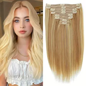 Wholesale 2025 NEW 8pcs Clip In Hair Extensions Real Human Hair, 18 Clips, Golden Brown Highlighted Bleach Blonde ( # 12P613), Easy Wear for Women, Daily Use, Versatile Styling, Natural Look, Suitable for All Light Beige Tones