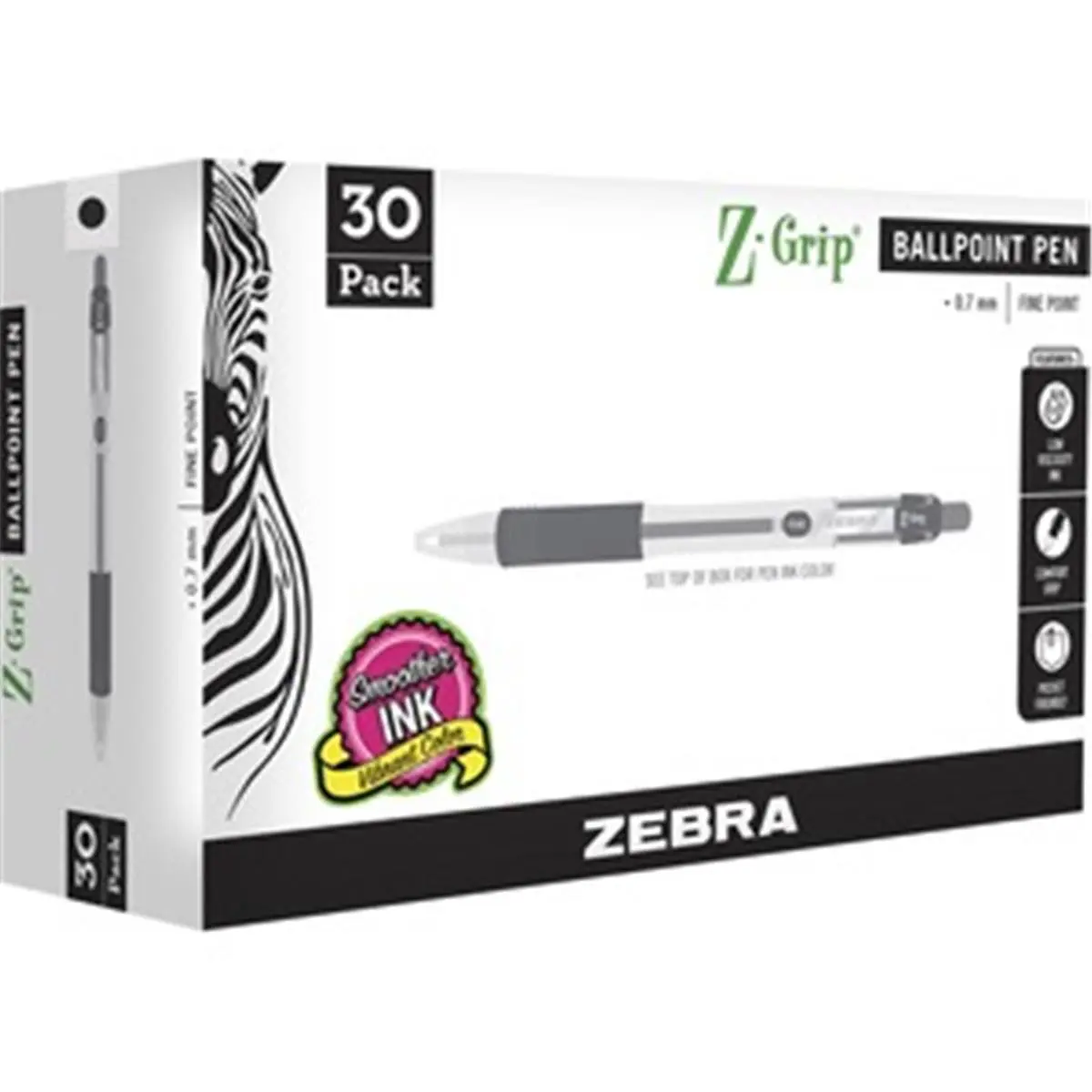 Zebra ZEB25130 Z-Grip Retractable Metal Ballpoint Pen (Pack of 30) - 0.7mm Low-Viscosity Ink, Smooth Write, Latex-Free Rubber Grip, Sturdy Metal Pocket Clip, Minimizes Hand Fatigue, Black, 0.7mm Pens, Extended Writing Periods, Black Writing Pens & Refills