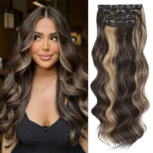 [Vigorous]  Brown mixed 24in Clip in Hair Extensions Long Wavy Synthetic Hairpieces Easy to Wear for Women Girls Daily Use Event Party Use Instant Length Styling