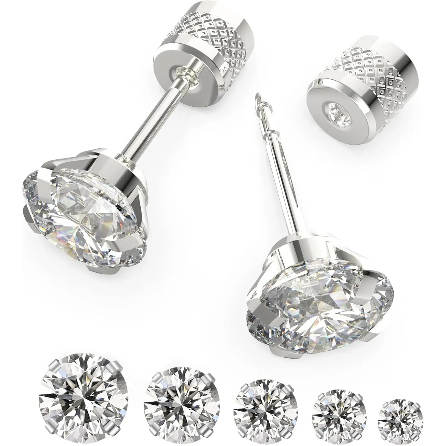5 Pairs Push-in Flat Back Stud Earrings Hypoallergenic Surgical Stainless Steel Cubic Zirconia Earrings Studs Set Multi-Pack, CZ Stud Earrings for Women Men Trendy Cartilage Stud Earrings 2-8mm