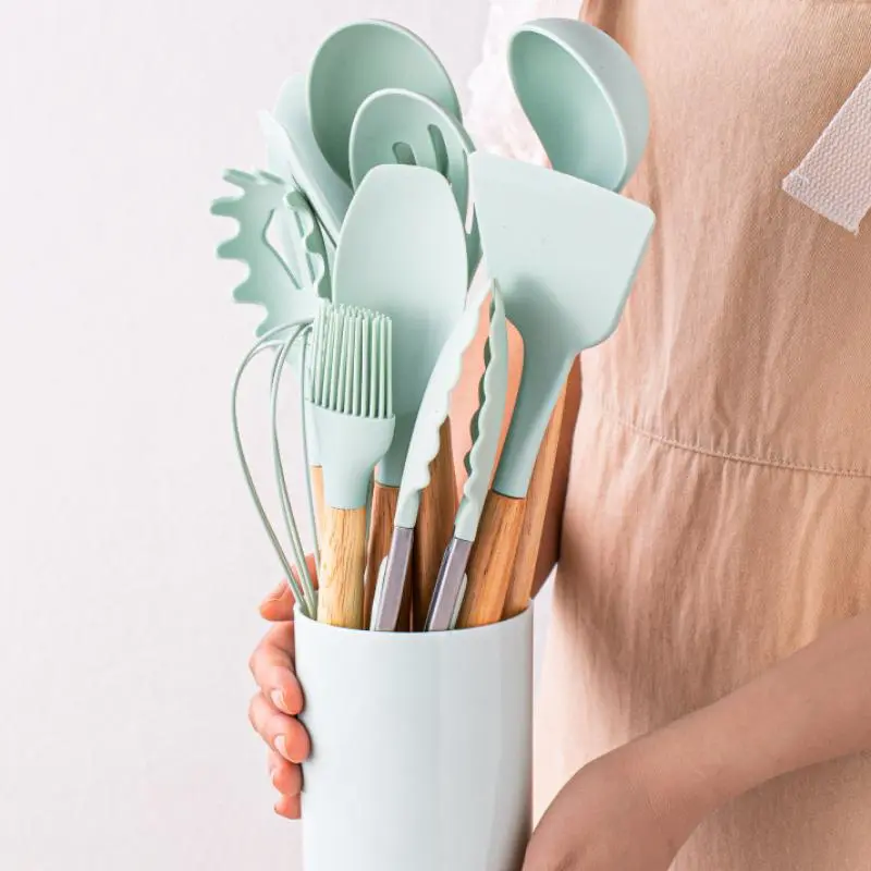Wooden Handle Silicone Cooking Utensils Set, 12pcs/set Including Wooden Spatulas, Spoon, Tongs, Whisk, Basting Brush, Cooking Utensils Set for Home Kitchen, Wooden Cooking Tools