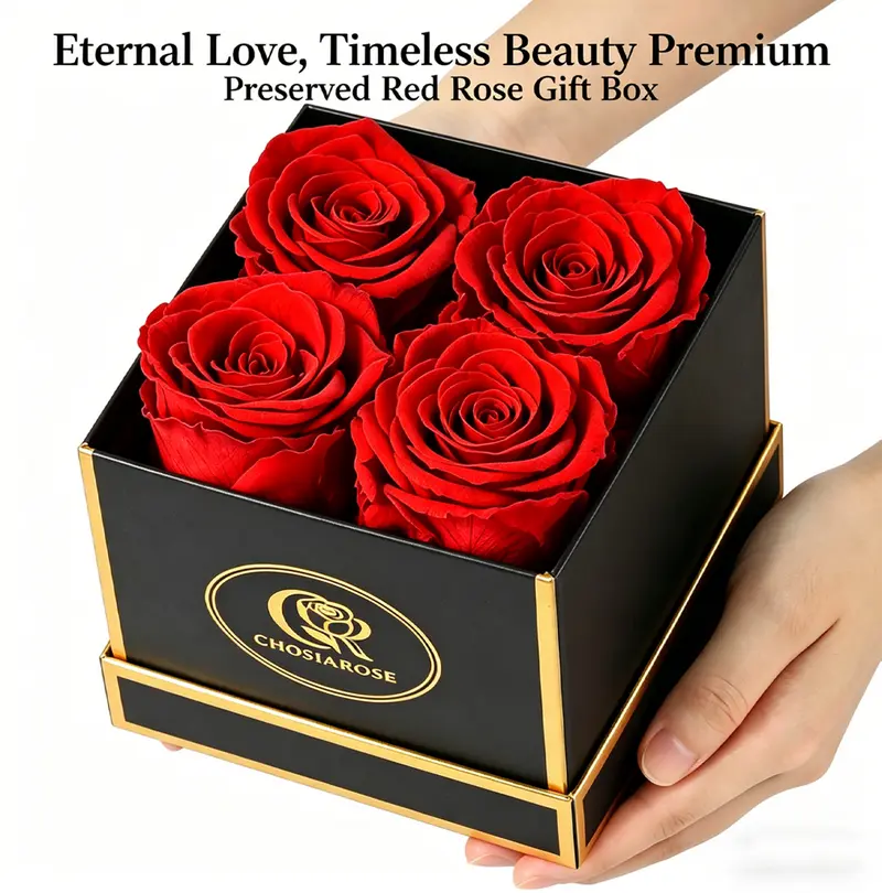 Preserved Eternal Roses Gift Box - 4 Red Roses That Last For Years For Her, Wife, Girlfriend, Or Mom