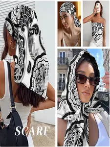 Black & White Paisley Print Square Scarf - Classic Monochrome Satin Bandana for Women, Versatile Hair Wrap/Neck Scarf/Bag Accessory, Perfect for Street Style & Holiday Party Fashion