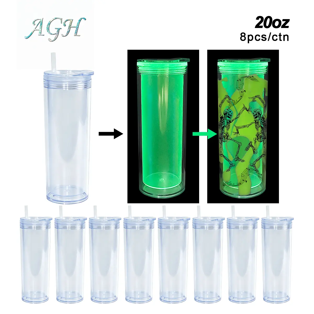 Agh New Collection 8PCS Per Carton 20oz Glow Green Double Wall Plastic Straight Snow Globe Tumbler, Screw Lid & Straw Included, Pre-Drilled Hole With Plug