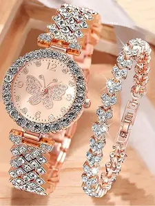 2-piece set of fashionable starry sky bracelet watch with cubic zirconia butterfly ladies' watch bracelet women's wristwatch set Exquisite Watch Set