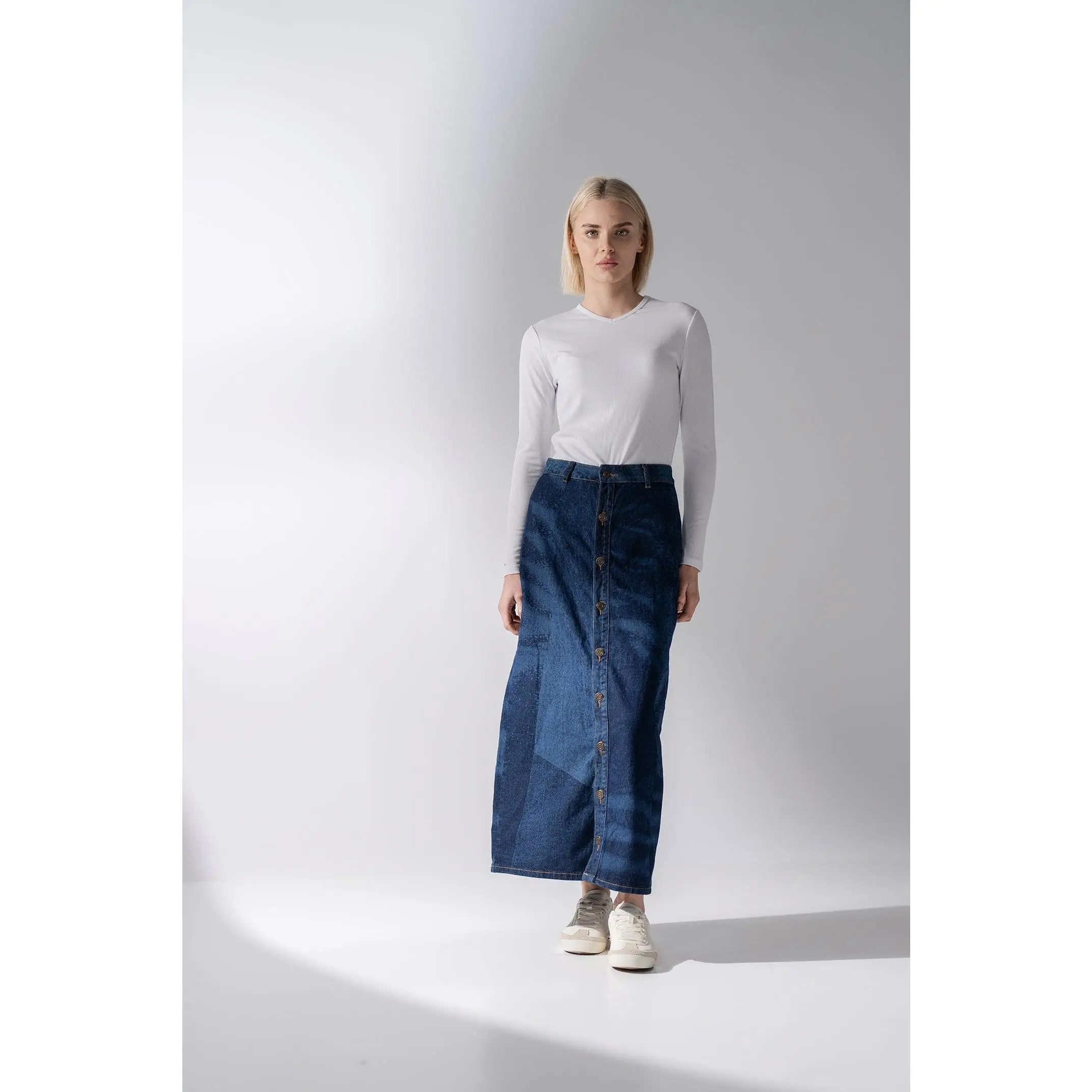 Denim Maxi Skirt Patchwork-Blue