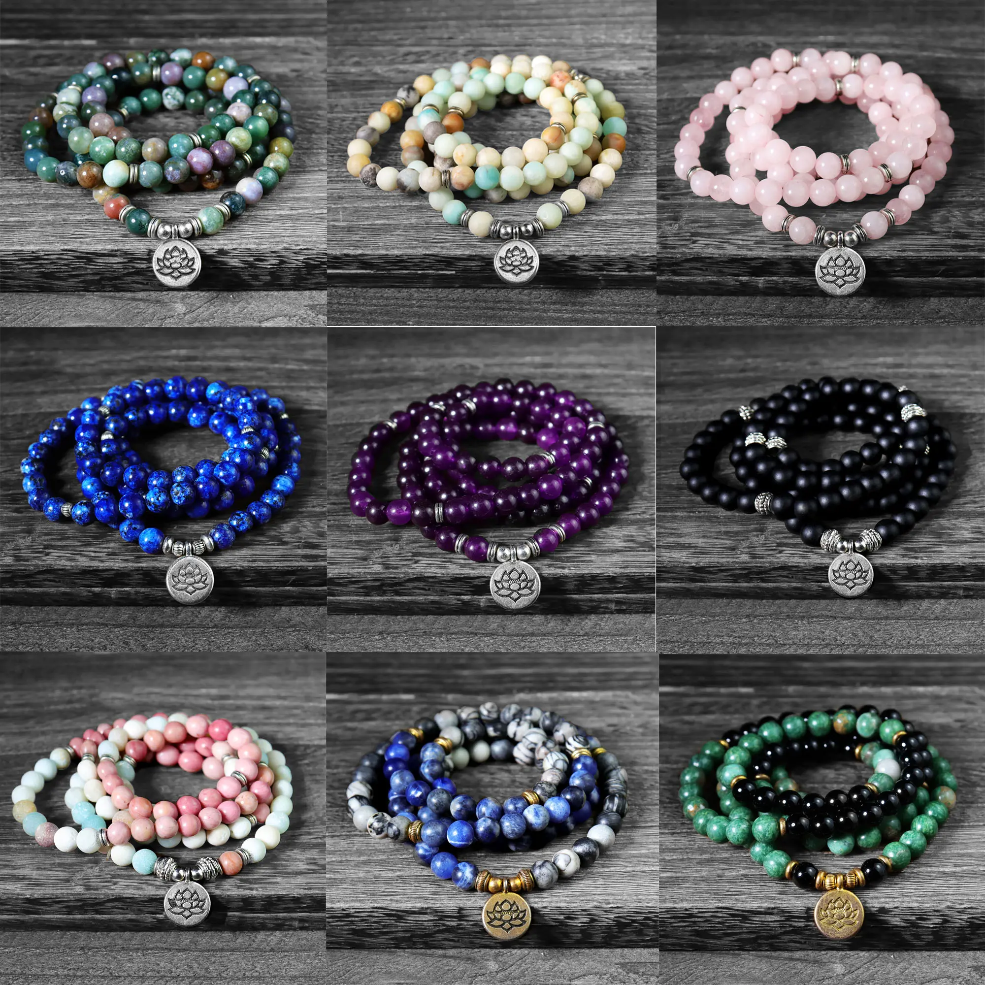 Natural Multi-Gemstone 8mm Beads 108 Mala Bracelet with Lotus Charm, Energy Healing Bracelet for Adults, Reiki, Meditation, Daily Wear, Featuring Rainbow Obsidian & Green Jade - 10 Types