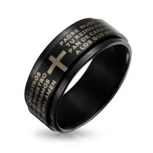 Black Spinner Religious Cross Words Lords Prayer Fidget Band Ring Stainless Steel