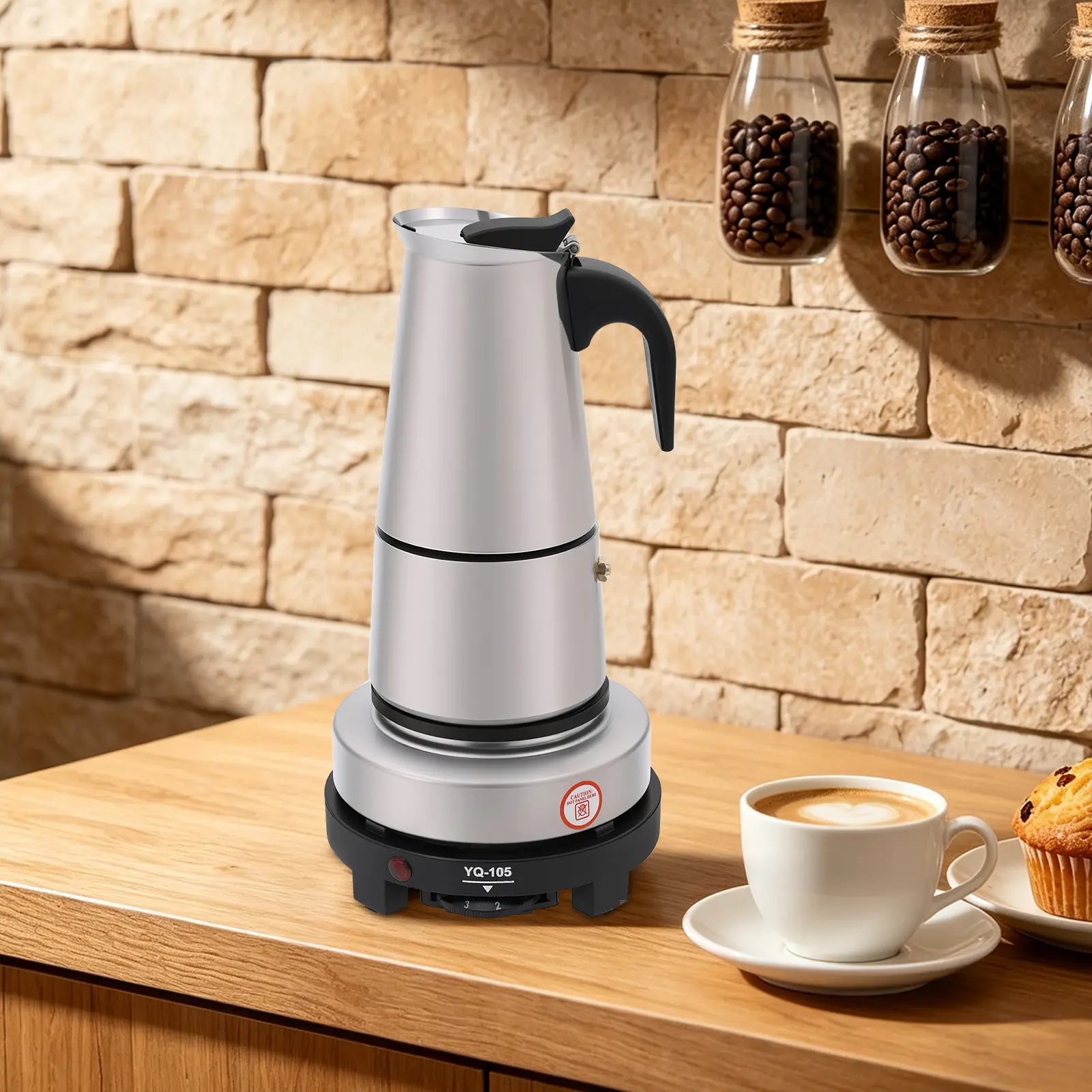 6 Cup Espresso Maker with Electric Stove 500W, 300ml Moka Pot for Home Office Cafe, 110V US Plug Silver Coffee Set