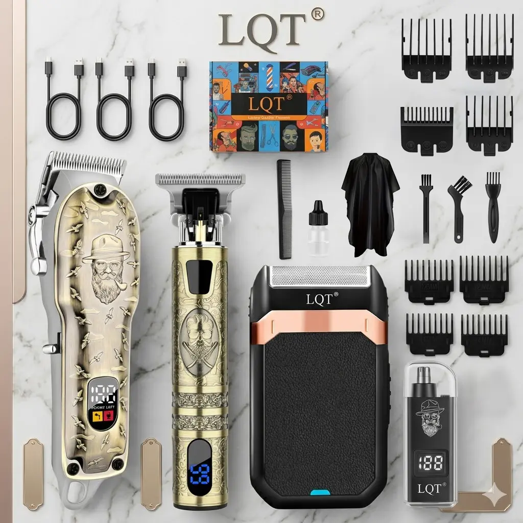 LQT Men's 4-in-1 Professional Smooth Adjustable Grooming Kit - Cordless Hair Clipper, Detail Trimmer, Shaver, Nose Trimmer with LED Display, USB Rechargeable Barber Equipment (Father's Day Gifts)