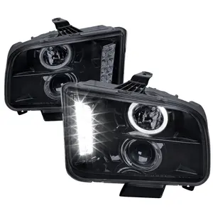 2005-2009 Ford Mustang Halo Projector Headlights w/ LED Light Strip (Glossy Black Housing/Smoked Lens)