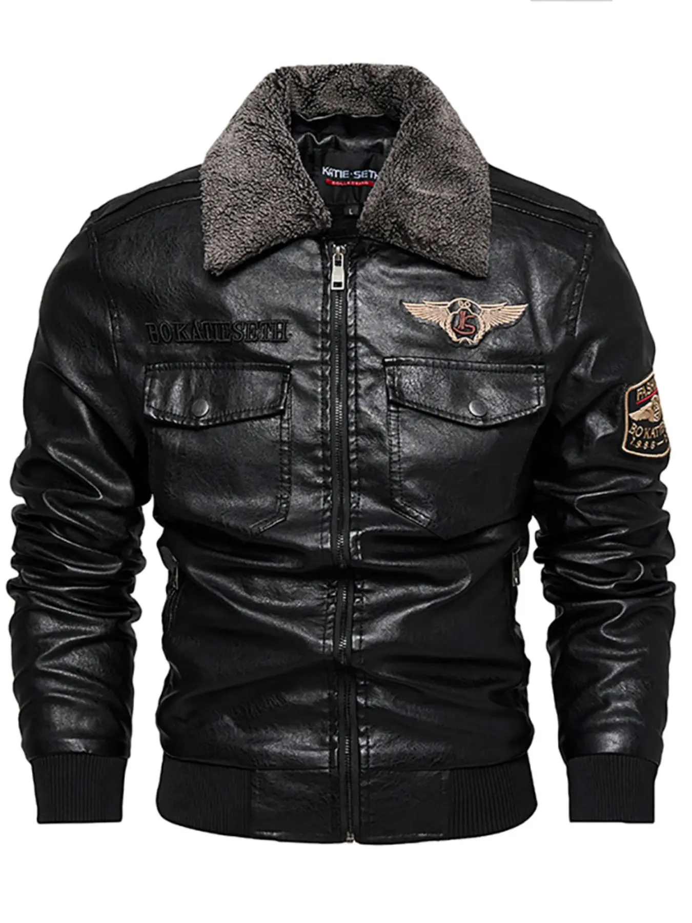 Men's Retro PU Pilot Jacket, Casual Embroidered Zipper Lapel Faux Leather Coat, Long Sleeve Fall & Winter Outerwear, Faux Leather Jackets