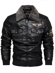 Men's Retro PU Pilot Jacket, Casual Embroidered Zipper Lapel Faux Leather Coat, Long Sleeve Fall & Winter Outerwear