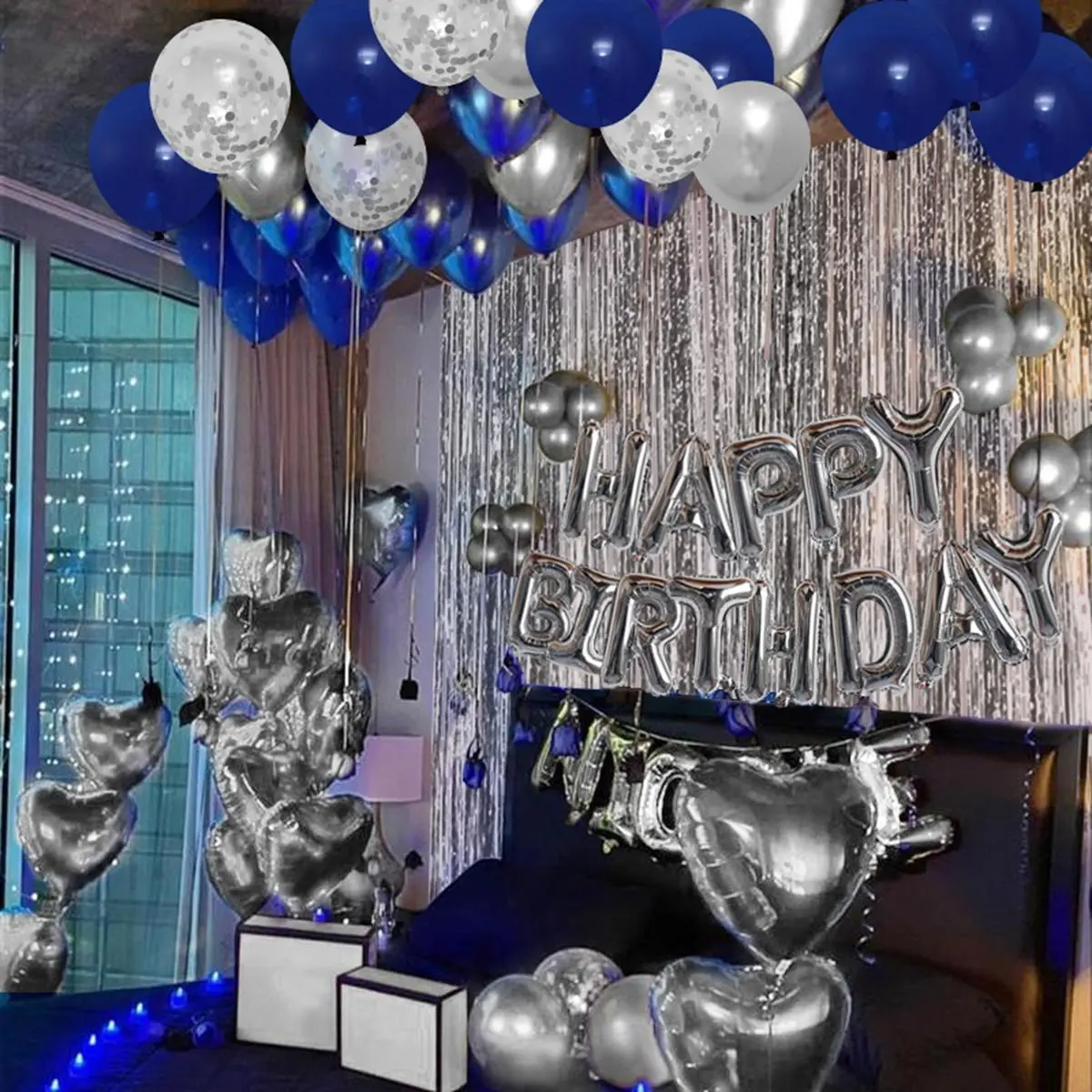 Birthday Party Decorations Set, Gemstone Blue Silver Rose Gold Birthday Party Decoration with Foil Curtain, Birthday Balloons, Heart Shaped Balloons, Metallic Latex Balloon Confetti Balloons, Boyfriend's gift, Summer Home Decor Baby Shower