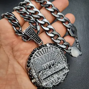 MaxBling81 High Quality Unisex Iced Black Hematite-Plated CZ Jesus Last Supper Medal Pendant Necklace, 11mm 20" Cuban Chain CZ Prong Hip Hop Celebrity Style Blackmetal Jewelry for Daily Casual Use