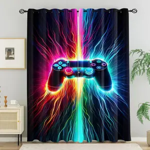 2pcs Neon Electric Gaming Controller Print Curtains, Pair Opening Decorative Curtains for Bedroom, Adjustable Decorative Curtains With Higher Shading Rate, Sunscreen and Thermal Insulation Privacy Grommet Curtains, Healthy and Eco-Friendly, Window Curtain