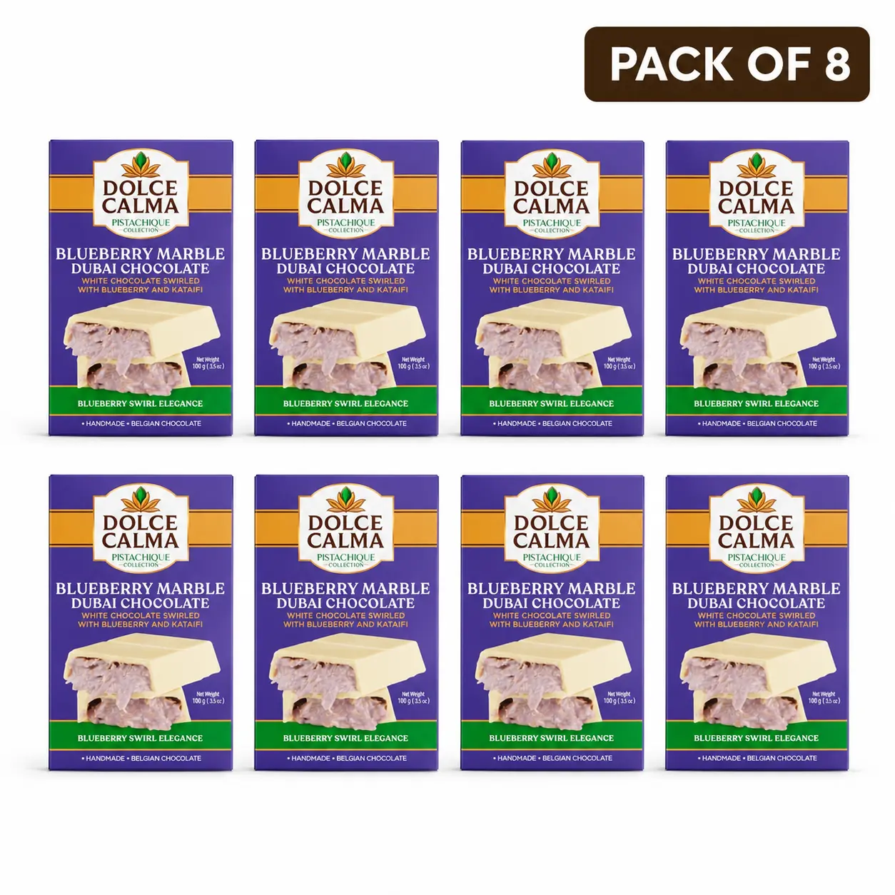 Dolce Calma Blueberry Dubai Handcrafted Belgian Chocolate Bar (100g/3.5oz) - Pack of 8, Rectangular Wrap, Turkish Pistachio, Crispy Kataifi Kunafa Filling, No Palm Oil, Ships with 1 Ice Gel Pack Each Caramel Snack