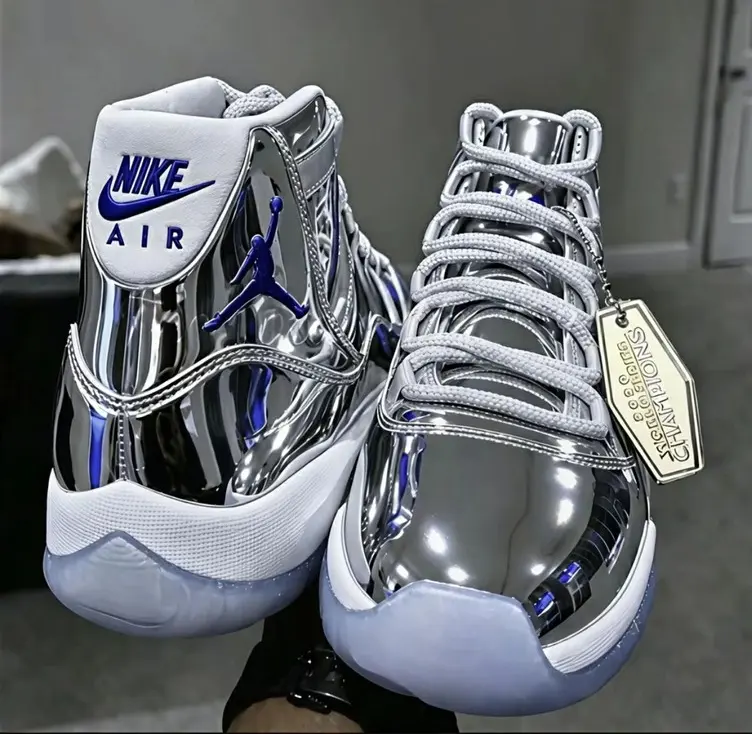 Mirror metallic silver high top basketball sneakers translucent icy blue outsole padded ankle collar lace-up design for sports viewing parties street photoshoots night hangouts