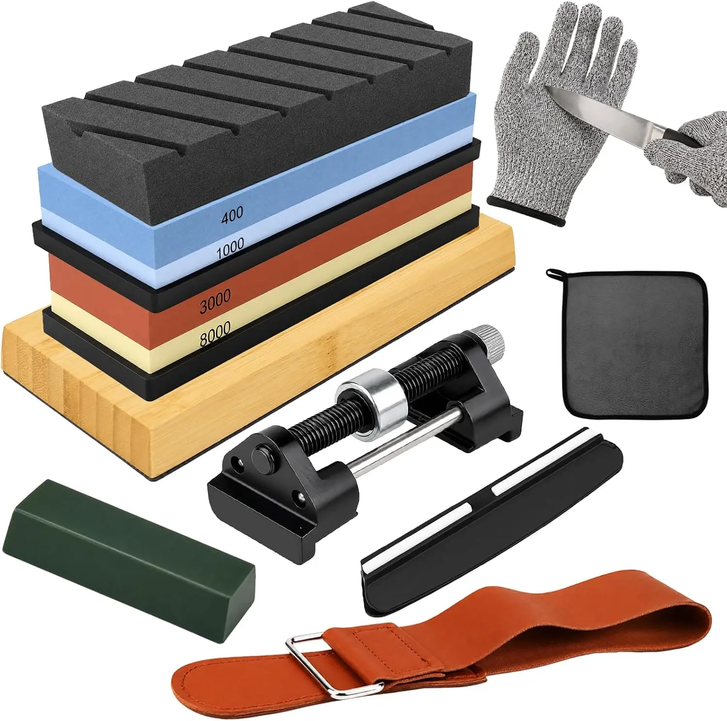 12-Piece Knife Sharpening Stone Set, Whetstone 4 Side 400/1000 3000/8000 Grit, Whetstone Knife Sharpener Stone Kit, Leather Strop, Angle Guide, Flatting Stone, Polishing Compound, Honing Guide.