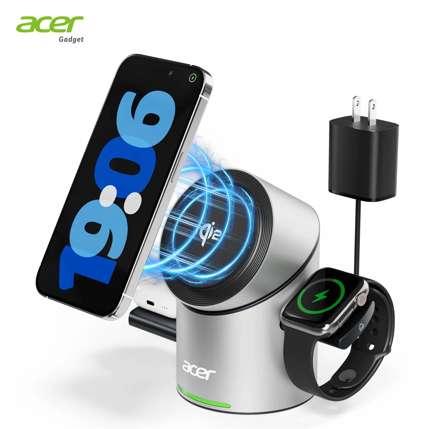 Acer S2 3-in-1 Wireless Charging Station,Fast Charging for iPhone 12-17, Apple Watch, AirPods , Adjustable Angle, Magnetic Attachment, Portable Travel Storage.