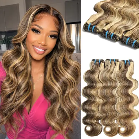 LUCKSTAR 4/27/613 Ombre Highlight 3-Tone Body Wave Human Hair Bundles 100% Human Hair Extensions for Sew-In and Quick Weave Brown Honey Blonde Weave