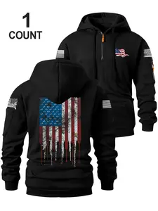 Men's Half-Zip Hooded Sweatshirt, Trendy Pocket Zipper Design, Flag Print, Multiple Colors Available, Loose Fit, Casual Streetwear, Casual Pullover Hoodies
