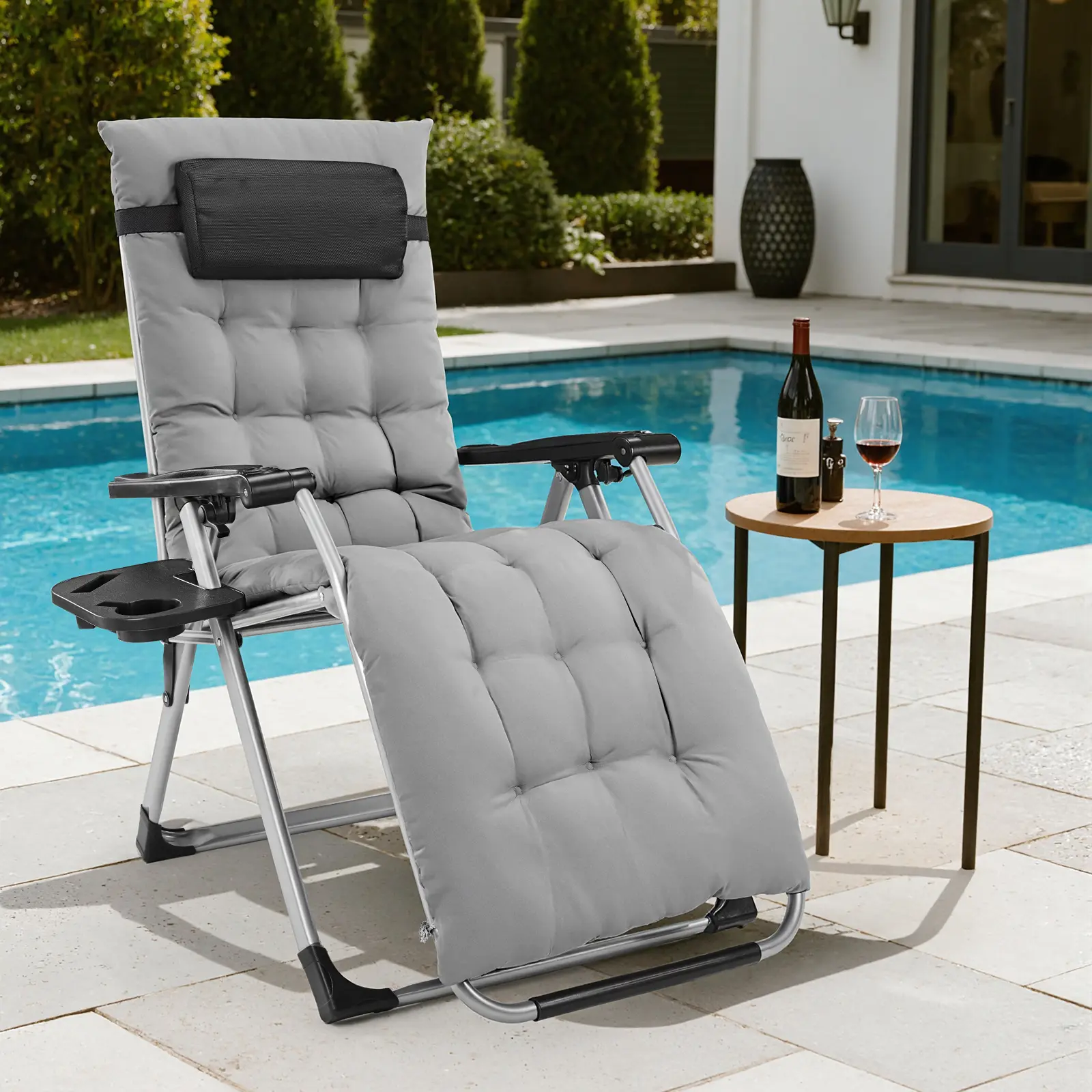 Foldable Recliner, Patio Outdoor Furniture with Cup Holder Trays and Removable Cushion, Pool Lounge Chair for Camping, Indoor and Outdoor Use