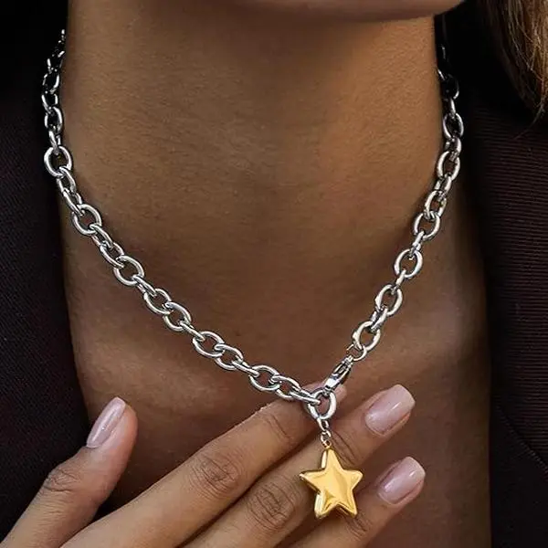 BloomWish S Chunky Star Necklace Purffy Gold Star Necklaces for Women Statement Necklace Thick Chain OT Toggle Necklaces Large Pendant Fashion Jewelry Gift