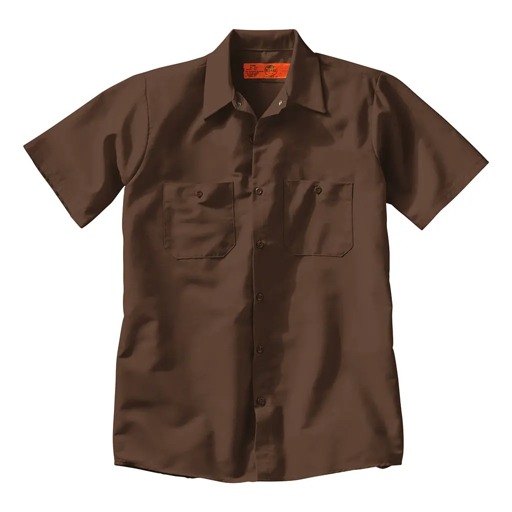 Men's Casual Shortleeve Cotton-Polyester Button-Down Industrial Work Shirt - Plain, Breathable Fabric Work Top with Pocket, Brown Menswear Top, Shortsleeve, Casual Shirts, Industrial Shirts