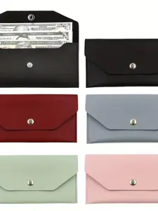PU Leather Wallet Envelope, Reusable Multi-Functional Bifold Card Holder, Snap Closure, Multiple Compartments, Simple Solid Color, Small Portable