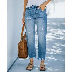 2025 New Arrival Light Blue with Holes Casual Cropped Straight Washed Jeans Women’s Bottoms Streetwear Pants Denim Comfortable Fit Elegance