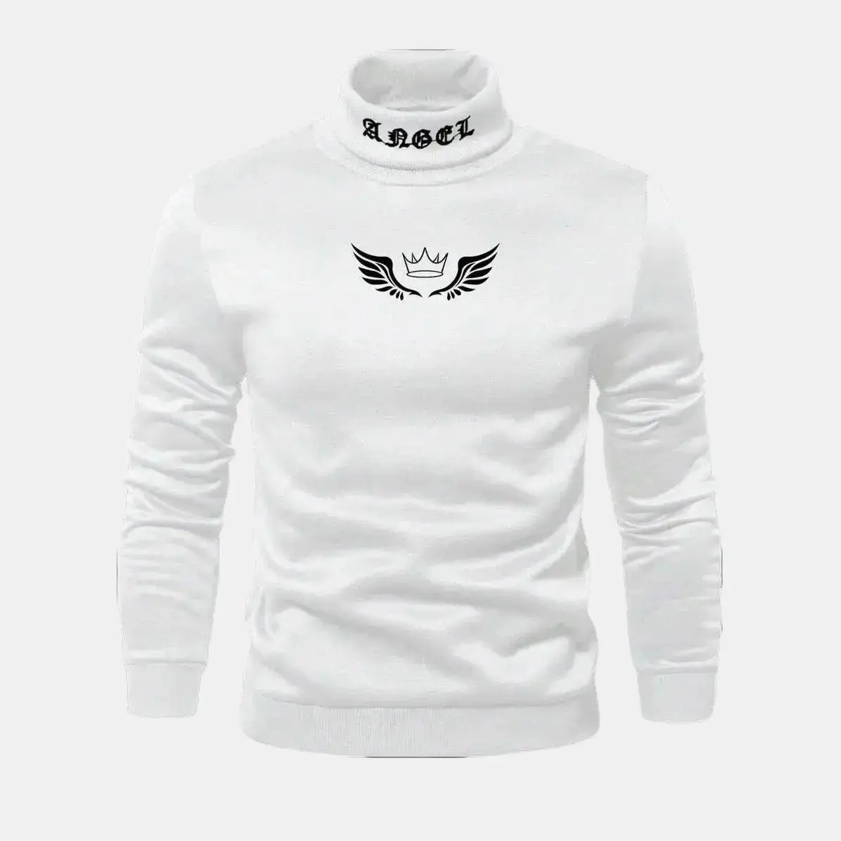YAEEM SHOP Men's Gothic Graphic Mock Neck Long-Sleeve Sweatshirt - Autumn Polyester Stretch Pullover, Motocross-Inspired Wing Print, Fabric, Turtleneck, Hem, Alternative Gothic Men's Tops, White, High Neck, Longsleeves