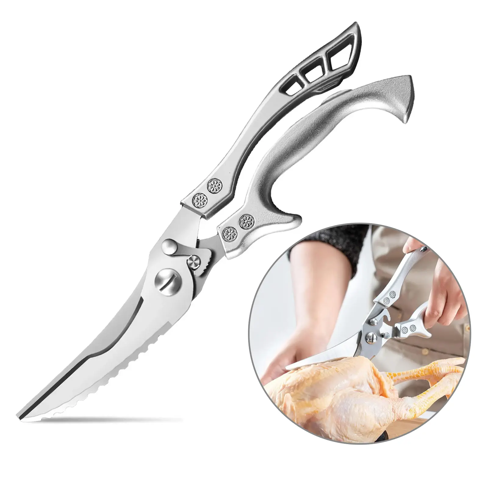 Stainless Steel Spring-Loaded Chef Scissors,Full Steel Handle Poultry Shears Heavy Duty, Professional Multipurpose Kitchen Shears with Sheath,for Chicken, Bone, Meat,Fish & Food.