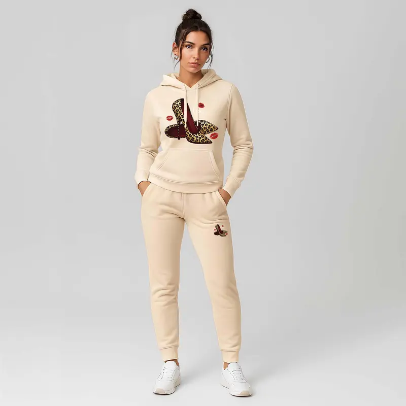 Women's Leopard Print Love High Heels Hoodie And Drawstring Track Pants Set, Casual Sportswear, Long-Sleeved Hooded Jacket And Pants, Suitable For Autumn And Winter, Everyday Wear, Indoor And Outdoor Sportswear, Casual Sportswear.