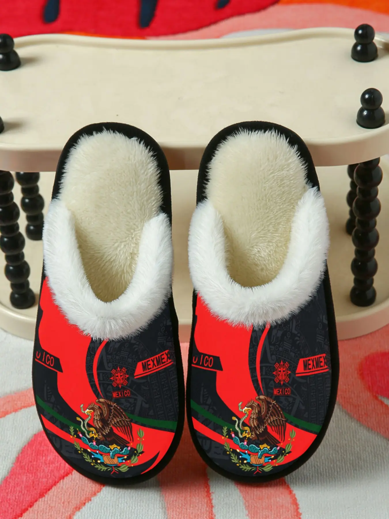 Mexico Emblem Slippers 1 Pair, Ethnic Style with Eagle Snake Cactus Print and MEXICO Letters, Plush White Fur Lining Anti Slip Sole, Unique Home Fashion, Perfect Souvenir Gift for Travel Lovers, Themed Party Wear